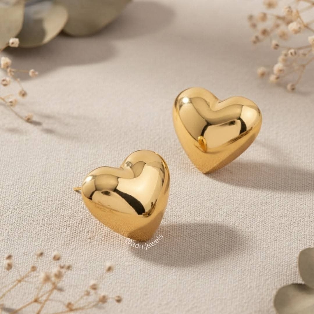 Gold Plated Puffy Heart Stud Earrings – Trendy & Chic